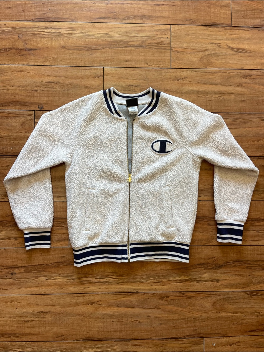 Champion Sherpa Fleece Bomber Jacket, cream Color Size Medium